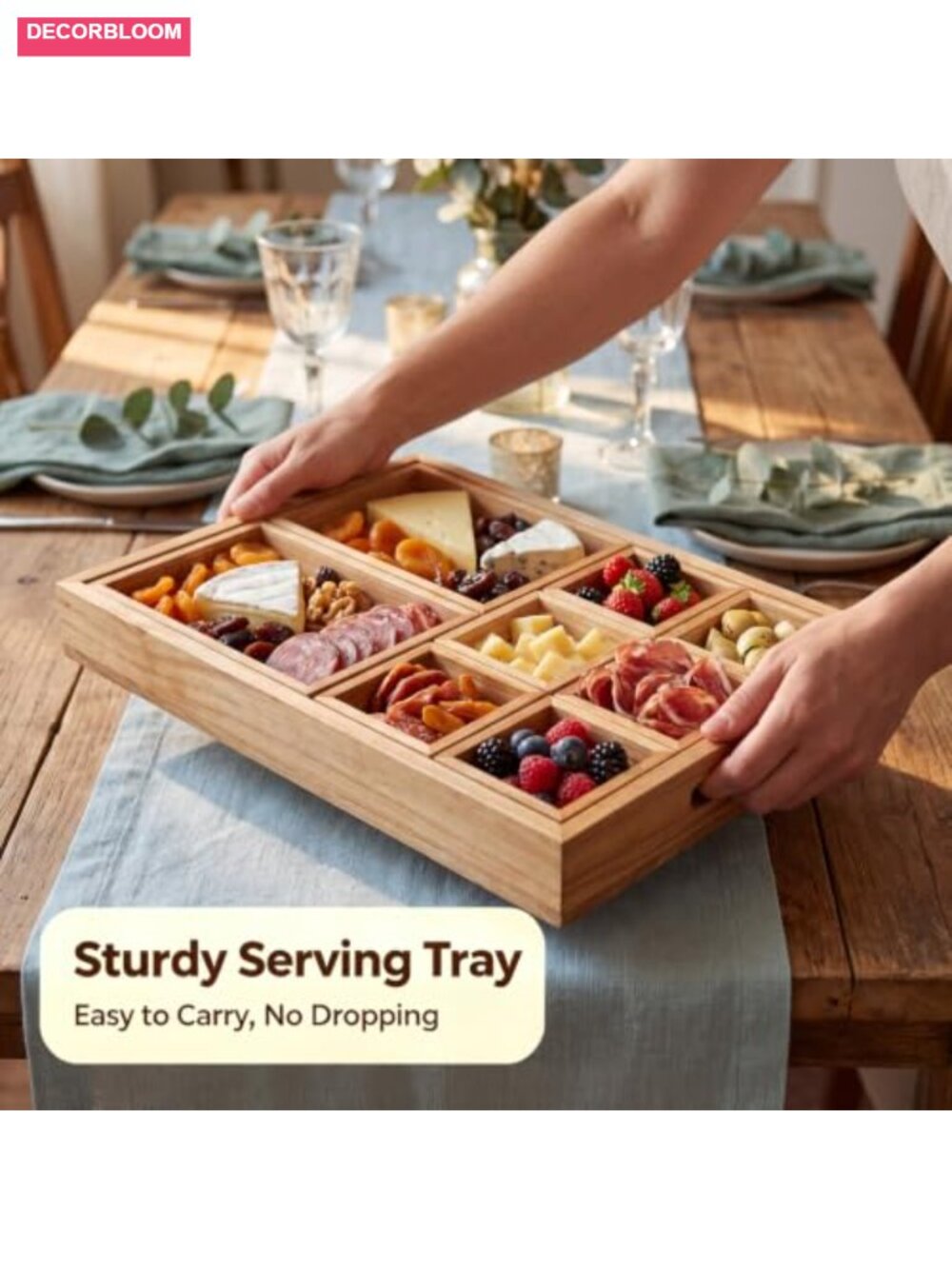Natural Paulownia Wood Serving Tray 9-Compartment with Handles - Picture 3 of 6